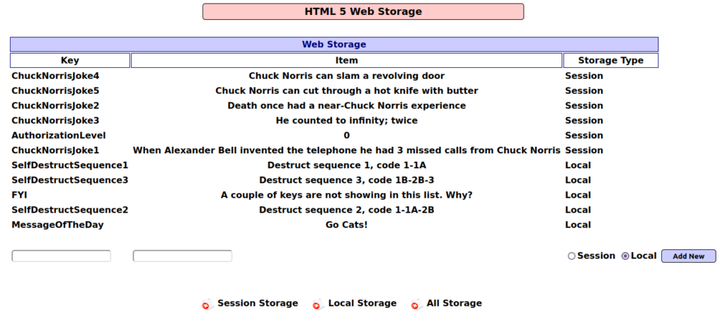 Mutillidae - HTML Injection (HTML5 Web Storage) HTML5 Web Storage