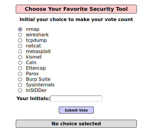 Mutillidae - HTML Injection (Poll Question) Favorite Security Tool