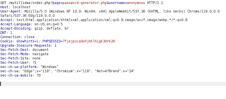 Mutillidae - HTML Injection (Password Generator) Burpsuite Intercept