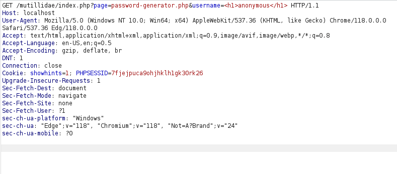 Mutillidae - HTML Injection (Password Generator) payload