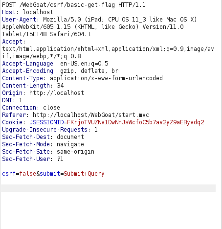 Webgoat - Cross-Site Request Forgeries Burpsuite POST request