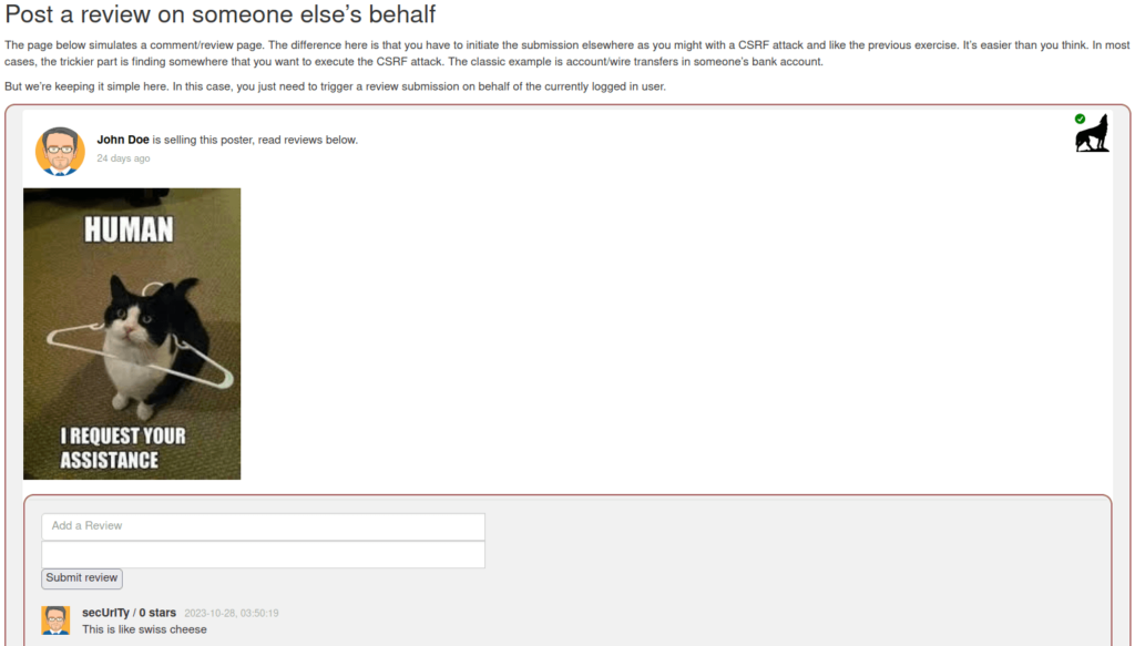 Webgoat - Cross-Site Request Forgeries Post a review on someone else’s behalf