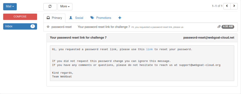 Webgoat - Admin password reset Password reset email