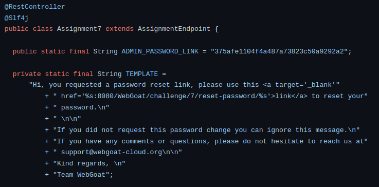 Webgoat - Admin password reset Source code