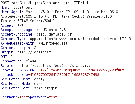 Webgoat - Hijack a Session Burpsuite POST request