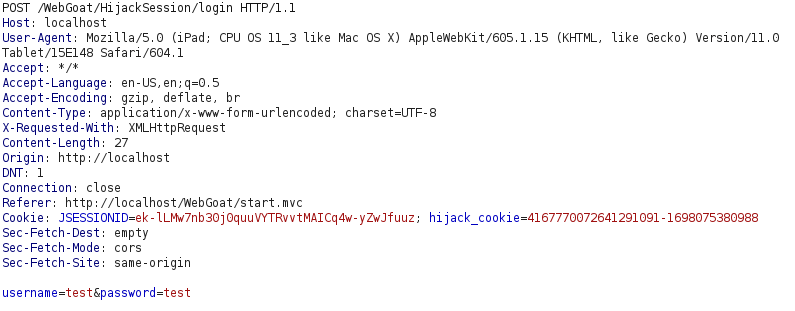 Webgoat - Hijack a Session Burpsuite Intercept
