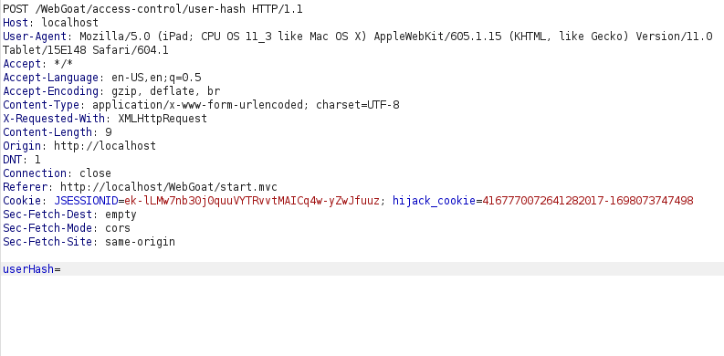 Webgoat - Missing Function Level Access Control Burpsuite intercept