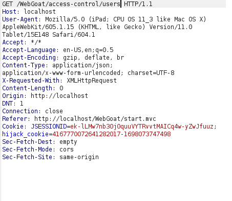Webgoat - Missing Function Level Access Control Burpsuite intercept