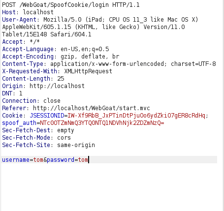Webgoat - Spoofing an Authentication Cookie Burpsuite intercept