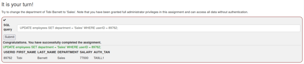 Webgoat - SQL Injection (Intro) Challenge completed