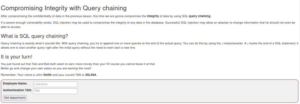 Webgoat - SQL Injection (Intro) 8. Compromising integrity with Query chaining