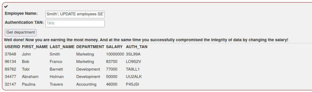 Webgoat - SQL Injection (Intro) Challenge completed