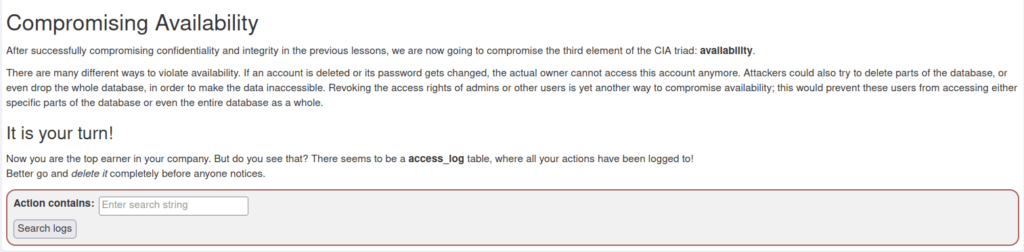 Webgoat - SQL Injection (Intro) 9. Compromising Availability