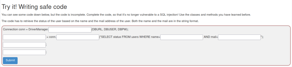 Webgoat - SQL Injection (Mitigation) 1. Writing safe code