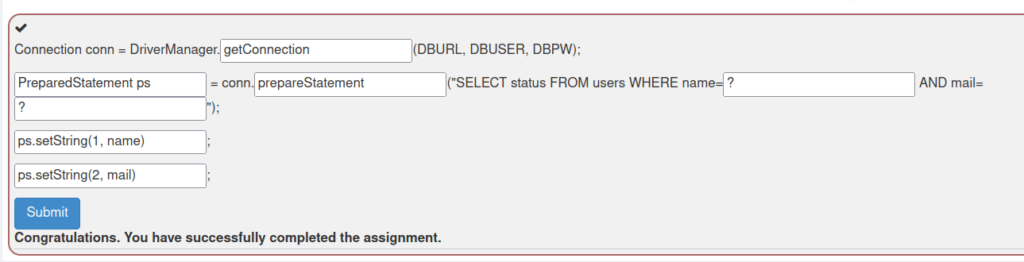 Webgoat - SQL Injection (Mitigation) Challenge completed
