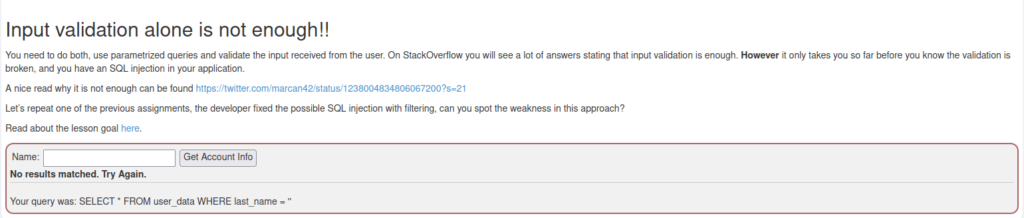 Webgoat - SQL Injection (Mitigation) 3. Input Validation Test