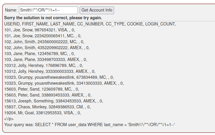 Webgoat - SQL Injection (Mitigation) Incorrect solution