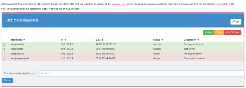 Webgoat - SQL Injection (Mitigation) 5. Order by Clause