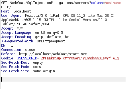 Webgoat - SQL Injection (Mitigation) Burpsuite GET request