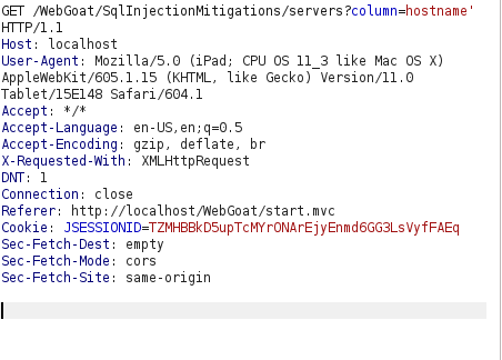 Webgoat - SQL Injection (Mitigation) Burpsuite GET request