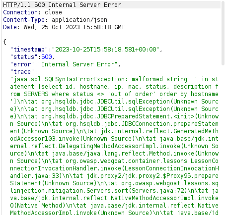 Webgoat - SQL Injection (Mitigation) Burpsuite Response