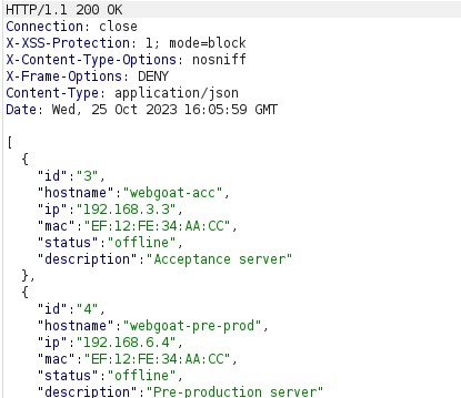 Webgoat - SQL Injection (Mitigation) Burpsuite Response