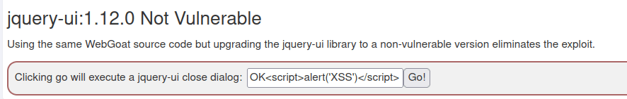 Webgoat - Vulnerable Components jquery-ui 1.12.0 Not vulnerable