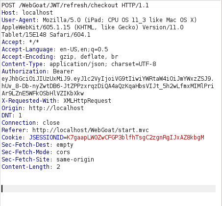 Webgoat - JWT tokens Burpsuite POST request
