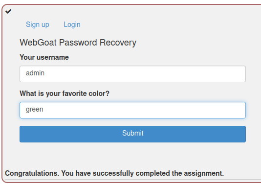 Webgoat - Password reset Challenge completed