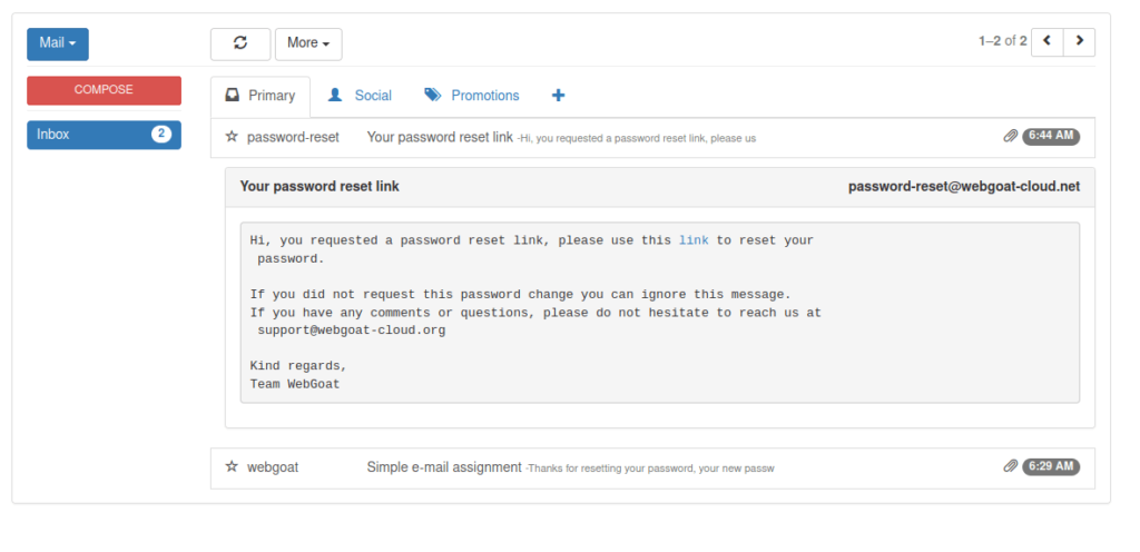 Webgoat - Password reset Password link sent