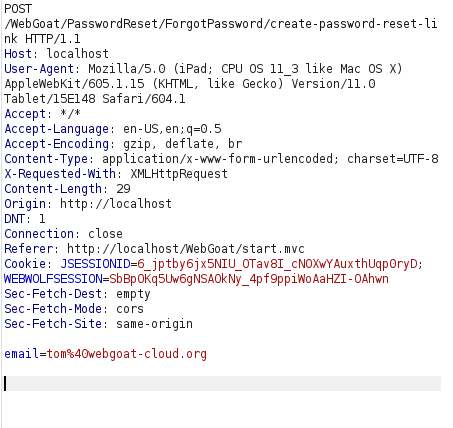 Webgoat - Password reset Burpsuite intercept