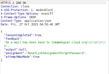 Webgoat - Password reset Burpsuite Response