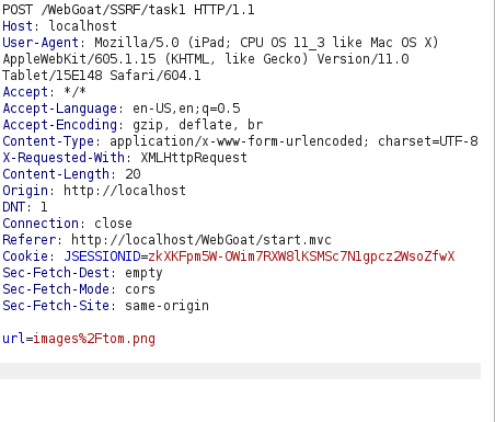 Webgoat - Server-Side Request Forgery Burpsuite POST request intercept