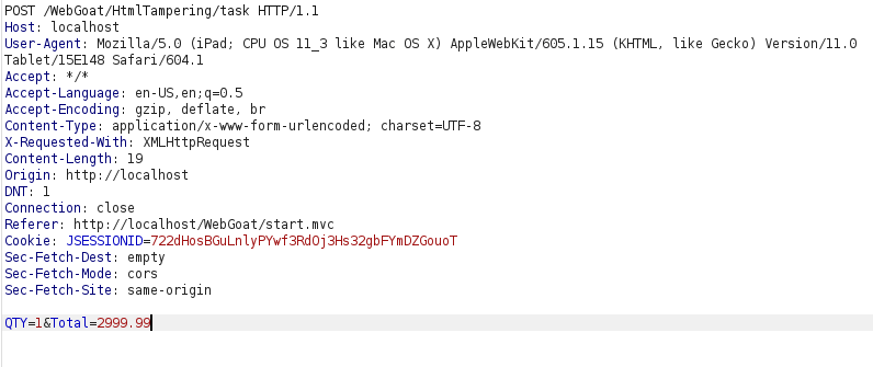 Webgoat - HTML tampering Burpsuite POST request