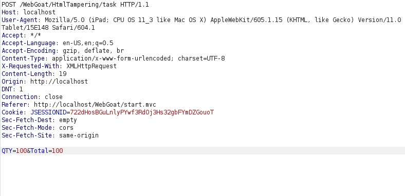 Webgoat - HTML tampering Burpsuite Intercepted