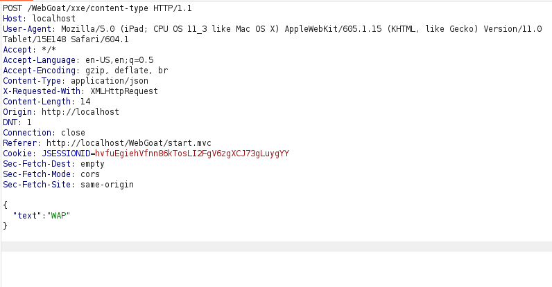 Webgoat - XXE Injection Burpsuite POST request