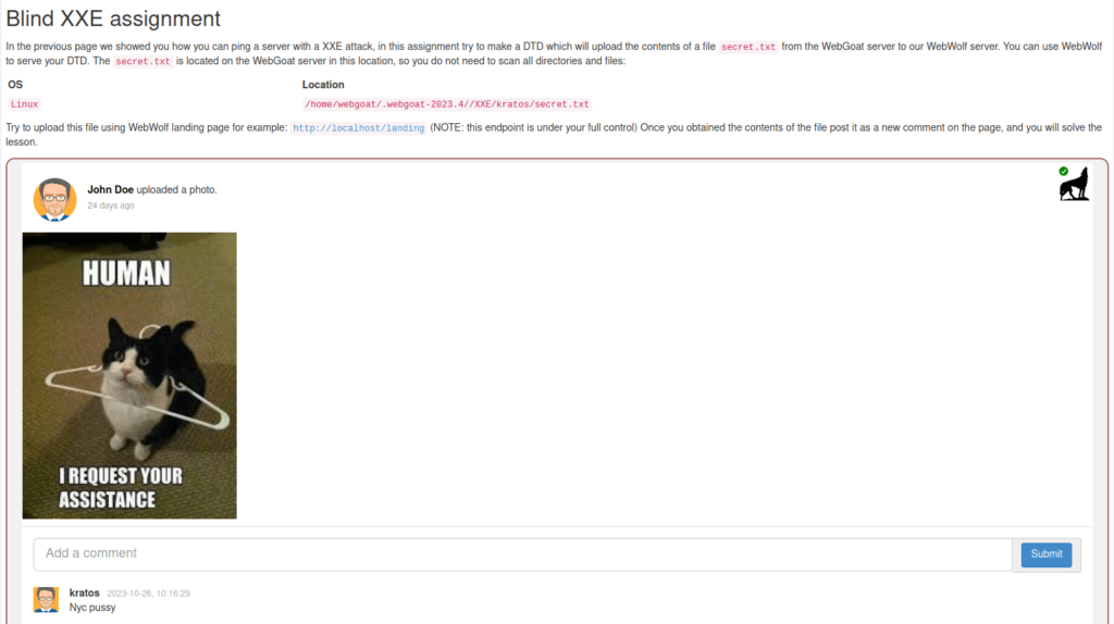 Webgoat - XXE Injection 3. Blind XXE assignment