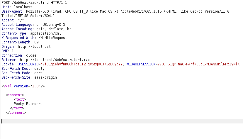 Webgoat - XXE Injection Burpsuite POST request
