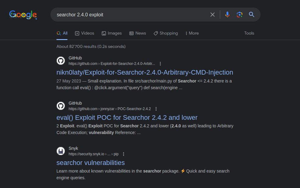 HTB - Busqueda Searcher 2.4.0 exploit