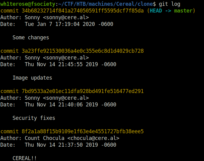 HTB - Cereal git log