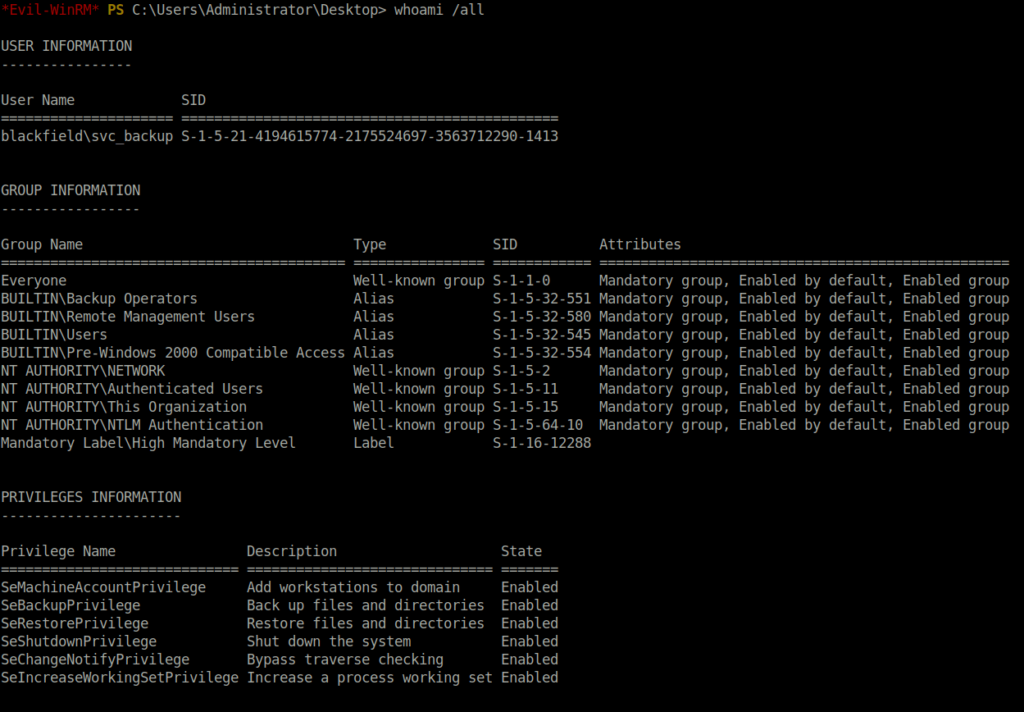 HTB - Blackfield checking user privileges and groups